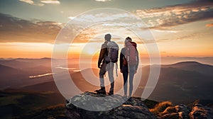 man and woman tourist hiking at mountain peak at sunset, romantic hikers couple standing at cliff at sunrise