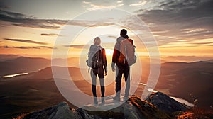 man and woman tourist hiking at mountain peak at sunset, romantic hikers couple standing at cliff at sunrise