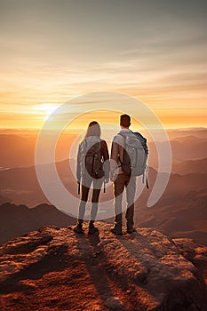 man and woman tourist hiking at mountain peak at sunset, romantic hikers couple standing at cliff at sunrise