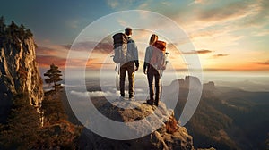 man and woman tourist hiking at mountain peak at sunset, romantic hikers couple standing at cliff at sunrise