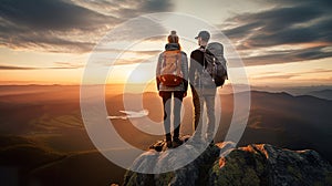 man and woman tourist hiking at mountain peak at sunset, romantic hikers couple standing at cliff at sunrise