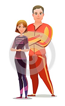 Man and woman in tracksuit. Got ready for sports activities. Cheerful person. Standing pose. Cartoon style. Single