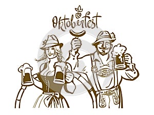 Man and woman in traditional Bavarian costumes with beer mugs. Lettering Octoberfest. Hand drawn vector illustration