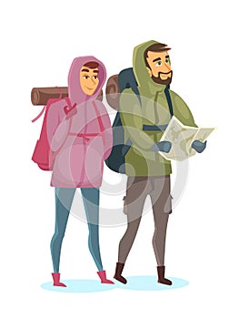Man and woman travelers with map on rout isolated