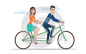 Man and woman on twin bike. Young couple riding a tandem bicycle