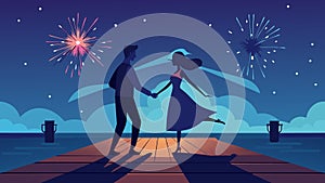 A man and woman twirling in perfect harmony on a wooden dock silhouetted against the glowing sky as fireworks burst in