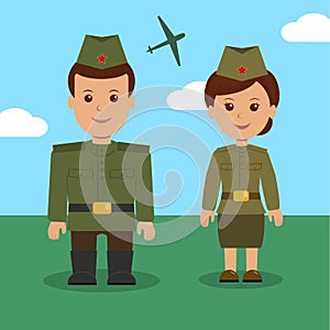 Man and woman in uniform of the Russian military. Characters military for background on 23 February