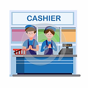 Man and woman in uniform working in cashier counter in convenience store or supermarket in cartoon flat illustration vector isolat