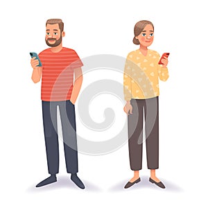 A man and a woman use smartphones. Vector illustration