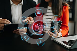 Man and woman using chatbot in computer and tablet smart intelligence Ai.Chat GPT Chat with AI Artificial Intelligence, developed