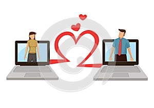 Man and woman using computer to connect for love. Concept of online love or dating