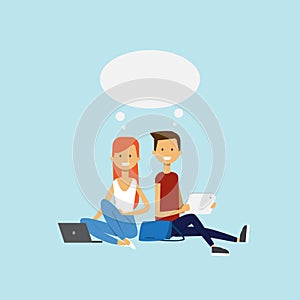 Man woman using laptop sitting couple chat bubble character full length over blue background flat