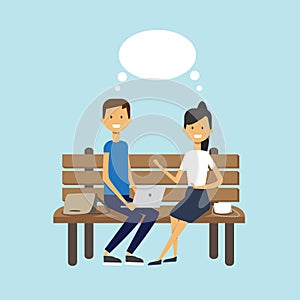 Man woman using laptop sitting wooden bench couple chat bubble character full length over blue background flat