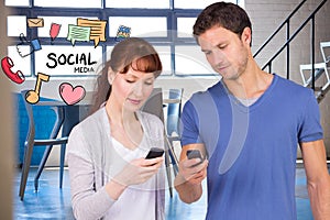 Man and woman using social media on smart phones
