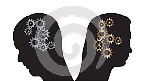 Man and woman vector silhouettes with cogs in heads