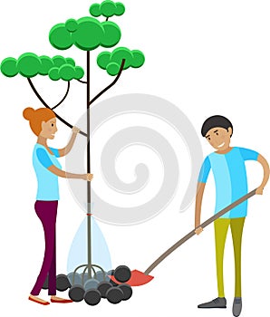 Man and woman volunteer planting park tree vector icon isolated on white