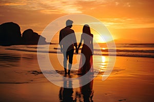 A man and a woman walk hand-in-hand on the sandy beach, bathed in the warm hues of a breathtaking sunset, couple on the beach at
