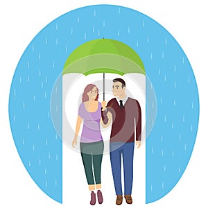 A man and a woman walk under an umbrella. A loving couple is walking under an umbrella. Vector illustration.