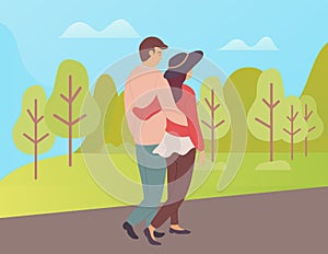 Man and Woman Walking Autumn Forest Streets Vector