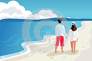 Young couple man and woman walking on the beach hold hands vector illustration