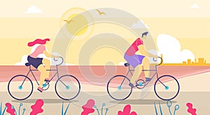 Man and Woman Walking on Bicycles Flat Cartoon