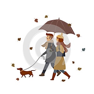 Man and woman walking with the dog, fall autumn vector illustration scene