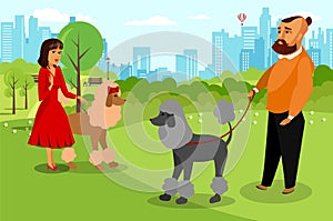 Man and Woman Walking with Dog Vector Illustration