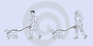Man and woman walking dogs.
