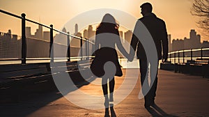 A Man and a Woman Walking Down a Bridge Holding Hands