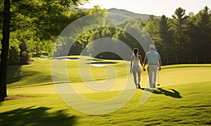 Man and Woman Walking on Golf Course