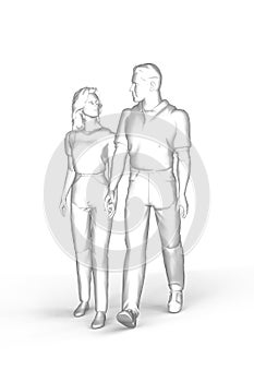 A man and a woman are walking holding hands - black and white 3d graphic