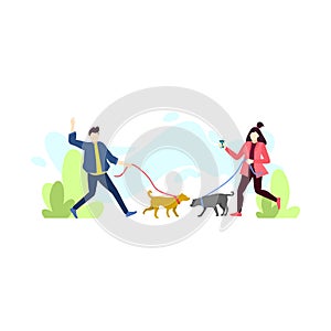 Man and woman walking with pet dog people character vector illustration