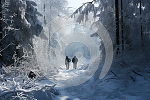 Man and woman walking in winter forest. Man and woman walking in winter forest, Best agers enjoying a winter walk, snowy forest, photo