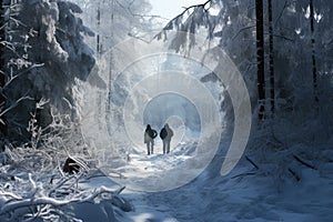 Man and woman walking in winter forest. Man and woman walking in winter forest, Best agers enjoying a winter walk, snowy forest,