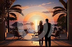 a man and a woman watching the sun rise over sea at a resort,