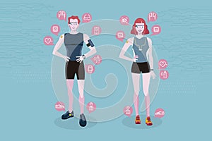 Man and woman with wearable technology for fitness