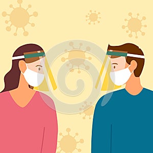 Man and woman wearing face mask and a plastic medical face shield around with virus cells. Close up shot girl and guy wearing Covi