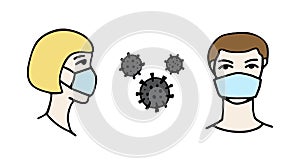 Man and woman wearing protective Medical mask for prevent Wuhan infection. Novel coronavirus 2019-nCoV. Virus symbol