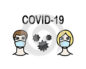 Man and woman wearing protective Medical mask for prevent Wuhan infection. Novel coronavirus 2019-nCoV. Virus symbol