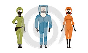 Man and Woman Wearing Protective Uniform with Breathing Gas Mask Vector Set