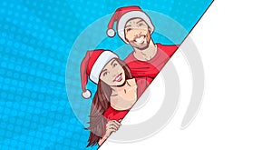 Man And Woman Wearing Santa Hats Advertisement Banner With Template Space For Text Over Retro Pin Up Background