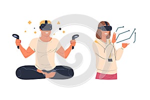 Man and Woman Wearing Virtual Reality Headset Immersed in Abstract VR World Vector Set