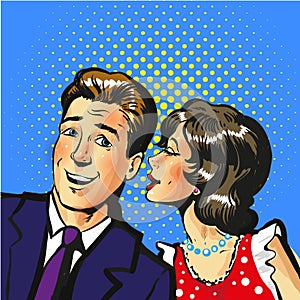 Man and woman whisper pop art vector illustration