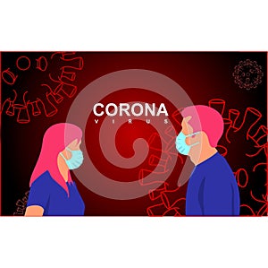 Man and woman in white medical face mask.Corona virus illustration background. Novel corona virus 2019-nCoV. Covid-19. Concept