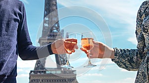 Man and woman with wine near the eiffel tower. Selective focus. photo