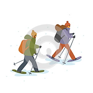 Man and woman winter snowshoeing isolated vector cartoon illustration