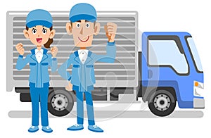 A Man and a woman in work clothes posing guts in front of the truck