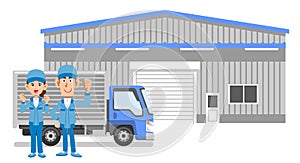 Man and woman in work clothes who guts pose in front of the warehouse and truck