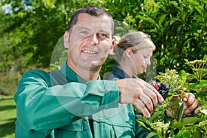 man and woman working in gardening center photo