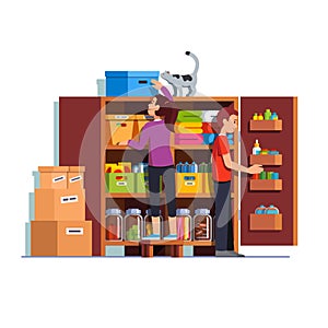 Man and woman working at home pantry or cellar
